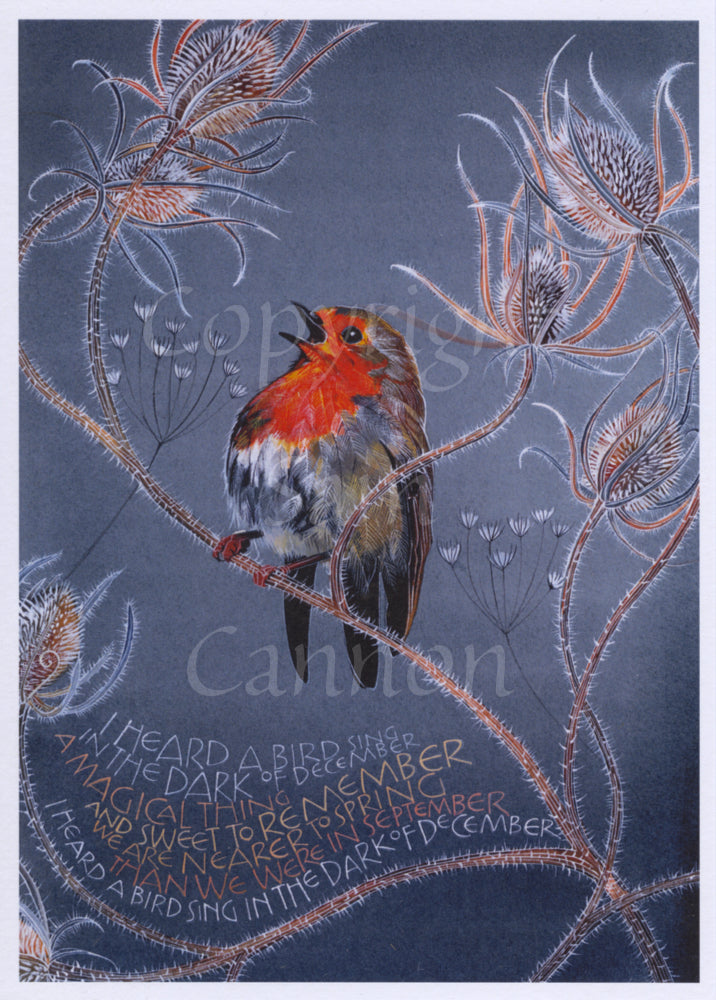 A robin with a deep red breast sits singing on the winding stem of a teasel plant. They are surrounded red and grey teasel seed heads. The background is dark grey. The inscription at the bottom reads: I heard a bird sing in the dark of December. A magical thing and sweet to remember we are nearer to Spring than we were in September. I heard a bird sing in the dark of December."