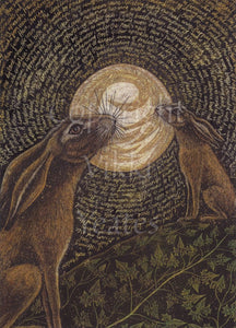 Two brown hares sit on a hill which is illustrated with branching vines. They face each other, ears back and noses pointing upwards. One hare is further away than the other. Behind them, a large circle of leaves or twine is encircled by rows of handwritten text relating to hares.