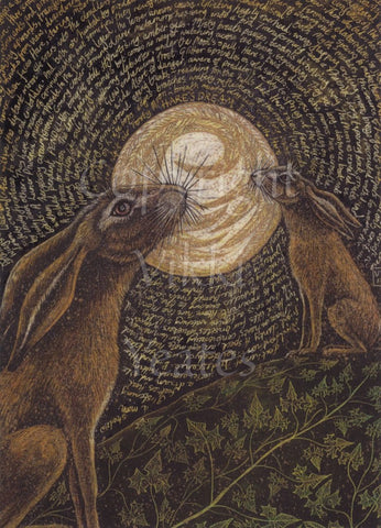 Two brown hares sit on a hill which is illustrated with branching vines. They face each other, ears back and noses pointing upwards. One hare is further away than the other. Behind them, a large circle of leaves or twine is encircled by rows of handwritten text relating to hares.