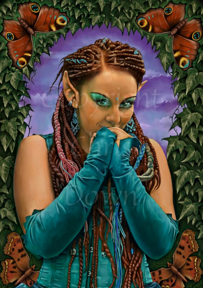 A brown-skinned female elf with long braided brown hair tied back, looks toward the viewer, hands held together in front of her mouth as though to suppress laughter. She wears a turquoise sleeveless dress and elbow-length arm sleeves. She's surrounded by ivy with a butterfly in each corner.