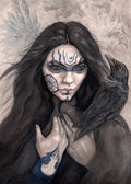 The head and shoulders of a woman with a raven sitting on her shoulder. She has long dark hair and her face is decorated with patterns in blue paint. Her hands are held together against her body. On her wrist she wears a blue band with a raven skull attached. The background is a mottled brown with feathers and swirls drawn within.