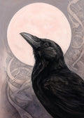 The head and body of a raven standing facing towards the left, head tilted upward, behind which is a full moon. The background consists of swirls in a pale pink-brown colour.