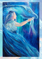 A woman with long blue hair stands in front of a blue dragon. Both look to the right. A wing wraps around one side, with the head on the other. The woman holds what appear to be strands of blue ribbon in her outstretched hand. The overall design colour is blue.