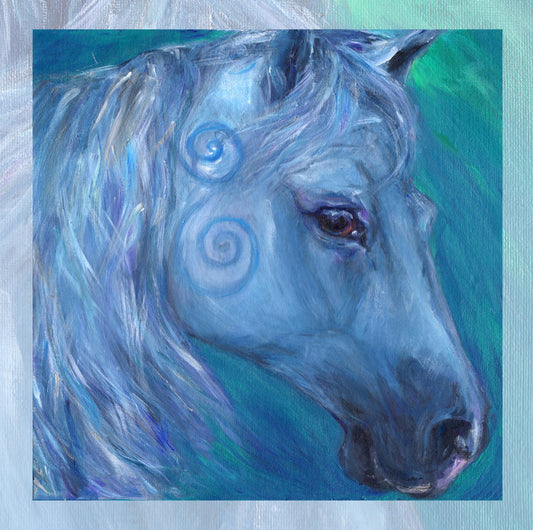 The head and mane of a horse, head facing mostly to the right. The horse is painted entirely in blue apart from a deep brown eye, with two spirals on and above the cheek. The background is blue-green.