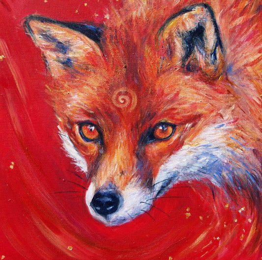 The head of a red fox looking at an angle towards the viewer, coming into the painting from the right. A pale-coloured spiral is coiled on their forehead. The background is red.