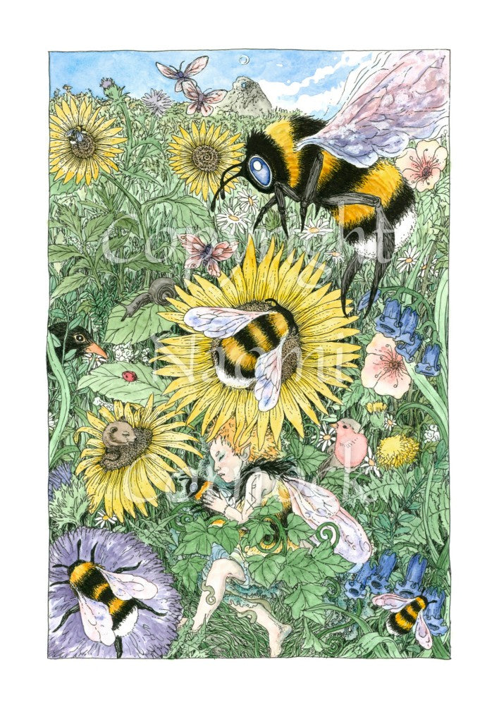 A meadow of green foliage and yellow, blue, pink and purple flowers rises towards a blue sky in the distance. A bee descends towards a central yellow flower. Another bee is already sitting in the middle of it. At the bottom, a fairy with orange hair and bee-coloured dress sleeps while holding a bee. Birds, mice and insects including butterflies are scattered throughout.