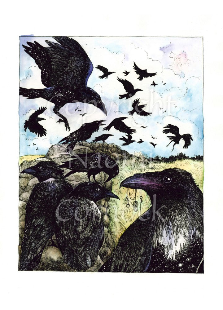 A large flock of ravens sit on and fly around a drystone wall surrounded by yellow-green grassy fields. The blue sky is broken with white clouds. In the foreground a raven holds a string of tokens in its beak, including a pentagram, key and Teiwaz rune.