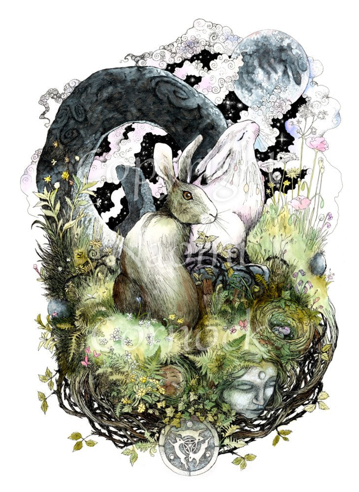 Two hares sit on grass in front of an upright grey circular stone with a large hole in the centre. one of the hares is turning to look towards the viewer, the other has their eyes closed and head tilted upward. A sleeping dormouse, a birds nest containing eggs, ferns and a face can be seen nestled in the grass below them.