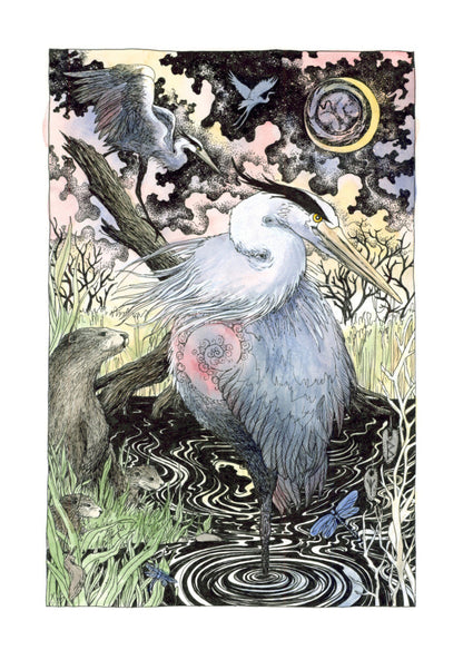 A large grey and white heron stands on one leg in water near the bank of a river. To the left, a grassy bank reveals otters, a slug and blue damselfly. Another damselfly hovers nearby. Runes (Berkana and Algiz) dangle from the heron's beak. The river extends behind the scene, with grassland and trees beyond. In the background, a heron lands on a tilted, broken tree trunk, and another flies silhouetted against the sky. An unborn human baby lies curled up within the sun.