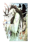 A male figure with long brown hair and beard, both cascading down his body, stands sideways wearing a pale green flowing robe. The side of his head is shaved, and tattooed with a line of characters from the Ogham alphabet. His bound hair contains fungi, a group of feathers, and a mouse. He looks down towards butterflies sitting on his hand. Runes dangle from his arm. A mouse sits in the crook at his elbow. A white stoat appears to form from his shoulder and run down his arm, a badger from his back ...