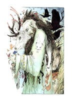 A male figure with long brown hair and beard, both cascading down his body, stands sideways wearing a pale green flowing robe. The side of his head is shaved, and tattooed with a line of characters from the Ogham alphabet. His bound hair contains fungi, a group of feathers, and a mouse. He looks down towards butterflies sitting on his hand. Runes dangle from his arm. A mouse sits in the crook at his elbow. A white stoat appears to form from his shoulder and run down his arm, a badger from his back ...