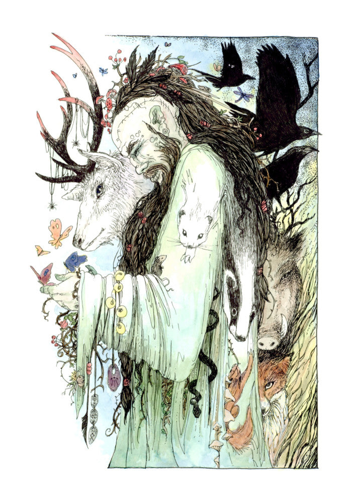 A male figure with long brown hair and beard, both cascading down his body, stands sideways wearing a pale green flowing robe. The side of his head is shaved, and tattooed with a line of characters from the Ogham alphabet. His bound hair contains fungi, a group of feathers, and a mouse. He looks down towards butterflies sitting on his hand. Runes dangle from his arm. A mouse sits in the crook at his elbow. A white stoat appears to form from his shoulder and run down his arm, a badger from his back ...