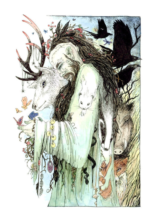 A male figure with long brown hair and beard, both cascading down his body, stands sideways wearing a pale green flowing robe. The side of his head is shaved, and tattooed with a line of characters from the Ogham alphabet. His bound hair contains fungi, a group of feathers, and a mouse. He looks down towards butterflies sitting on his hand. Runes dangle from his arm. A mouse sits in the crook at his elbow. A white stoat appears to form from his shoulder and run down his arm, a badger from his back ...