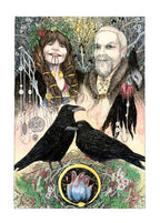 The head and shoulders of a woman (on the left) and a man (right) stand together, facing the viewer. The woman has long, plaited and bound brown hair, three drawn lines from her lip to her neck, and wears a garland on her head. To her side sits a delicate staff with runes hanging from it. The man has just one eye, with a long scar going vertically through where it should be, and is wearing a fur coat ...