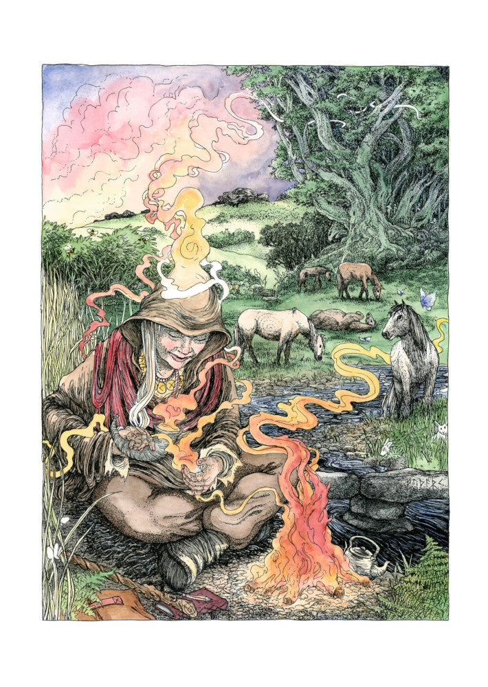 A woman wearing warm tan-coloured clothing including a hood and heavy boots, and a golden necklace of runes sits cross-legged on the ground in front of a small fire with a teapot to one side. A staff and notebook sit near her feet. She appears to draw a tendril of fire across one hand and into a horn held in her other hand. A tendril of fire, rising from the top of her hood, drifts off into the distance and blends with the clouds. She sits next to a stream which meanders off to one side ...