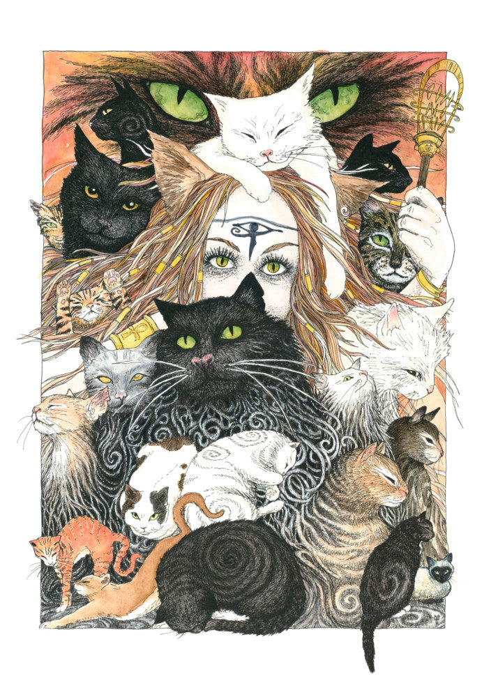 A mass of cats of all colours and in many poses surrounds the face of a red-haired woman with cat-slit eyes and ears, and a Eye of Horus symbol on her forehead. A white cat sits on her head. She holds a gold-coloured sistrum (a type of rattle) in one hand. The head of a much larger cat with green eyes appears above and behind them. Colours are oranges, reds, black and white.