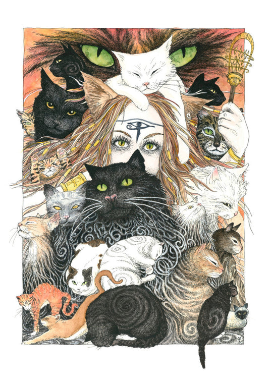 A mass of cats of all colours and in many poses surrounds the face of a red-haired woman with cat-slit eyes and ears, and a Eye of Horus symbol on her forehead. A white cat sits on her head. She holds a gold-coloured sistrum (a type of rattle) in one hand. The head of a much larger cat with green eyes appears above and behind them. Colours are oranges, reds, black and white.