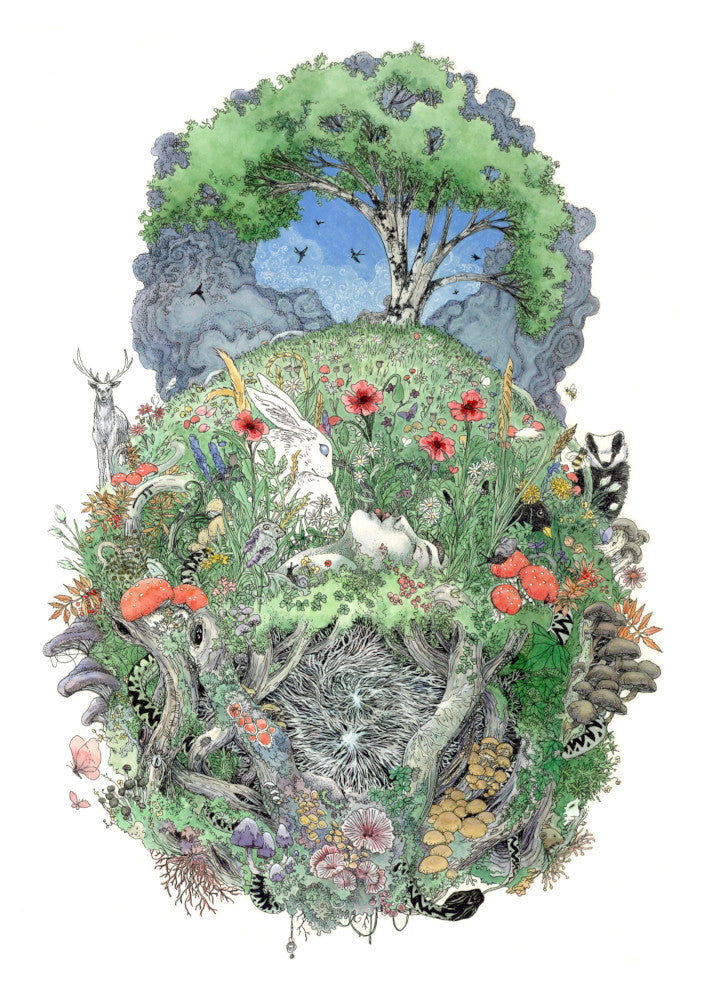A roughly oval design, topped with a tree in full leaf, surrounded by clouds, but clearing to blue in the centre, and swifts wheeling all around. Beneath, the top half of the oval is a flower-filled meadow. A stag and badger stand either side, and a hare, blackbird, mouse, and other creatures are nestled within. The head and shoulders of a young woman lying on her back rise from the ground. Beneath her, the bottom half of the oval is a mass of twisting roots, branches, leaves, fungi and toadstools ...
