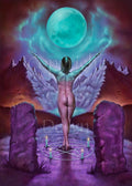 A naked woman stands with her back to the viewer, on her toes with one foot slightly in front of the other, and arms upwards and outstretched towards a large, blue, glowing full moon, which rises above a distant mountain pass. Her arms and shoulders, and the clouds around the moon, glow from the light of the moon. She stands in the centre of a pentagram with lit candles at the points. To the left and right, nearest the viewer, are two standing stones. Colours are rich reds, purples and blues.