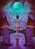 A naked woman stands with her back to the viewer, on her toes with one foot slightly in front of the other, and arms upwards and outstretched towards a large, blue, glowing full moon, which rises above a distant mountain pass. Her arms and shoulders, and the clouds around the moon, glow from the light of the moon. She stands in the centre of a pentagram with lit candles at the points. To the left and right, nearest the viewer, are two standing stones. Colours are rich reds, purples and blues.