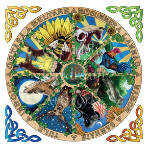 The spokes of a cart wheel separate illustrations of the eight Pagan festivals. The name of the festivals are written is written around the rim above the appropriate festival. Illustrations include hares, a bee, horse, cockerel, owl, cat, stag and wolf. Celtic knots fill the corners of the card.