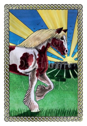 A piebald shire horse walks on grass across the design from the left. Rays of the sun radiate outwards against a deep blue sky, and through a circle of stones in the distance. A twisted rope border surrounds the design.