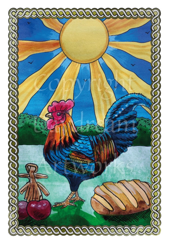 A blue cockerel with an orange and pink head stands in a field which extends into the distance and ends with a hedge. To his left sit apples and a corn dolly. To his right, a loaf of bread. Behind him, the sun shines against a deep blue sky. A twisted rope border surrounds the design.