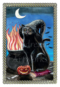 A black cat sits on a book, facing the viewer. He's wearing a black witch's hat which curves down over his back, nearly meeting his up-curled tail. Flames rise from a cauldron behind him, and a smiling Halloween pumpkin sits at his feet. A crescent moon glows from a deep blue sky, and bats can be seen flitting around in the distance. A twisted rope border surrounds the design.