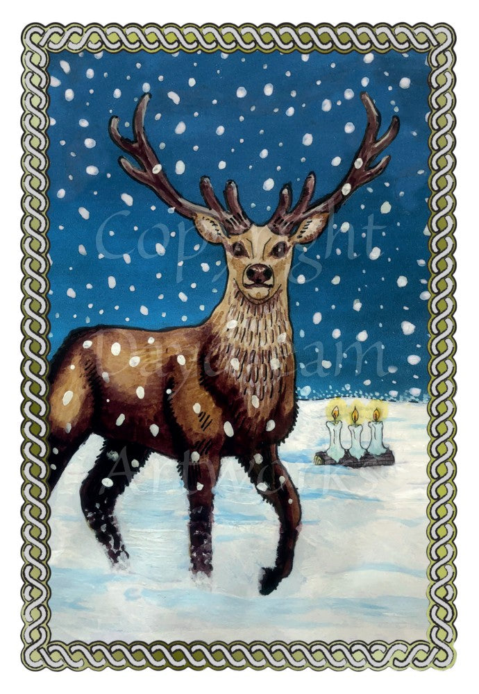 Snow falls around a stag standing in snow, facing the viewer. Three lit candles burn on a log behind him. The snow extends into the distance, ending in a dark blue sky. A twisted rope border surrounds the design.