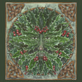 Holly leaves and berries radiate away from a central face embedded in the leaves. Brown Celtic knots fill the corners of the design.