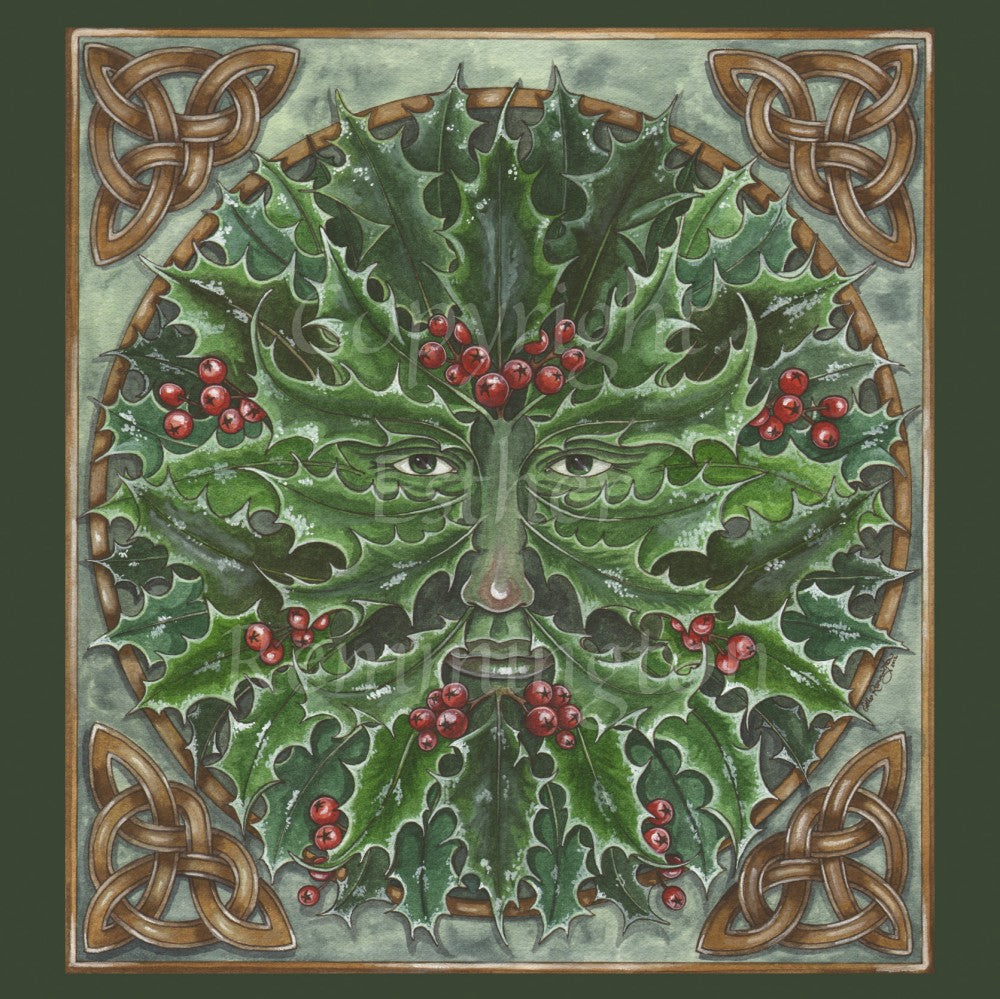 Holly leaves and berries radiate away from a central face embedded in the leaves. Brown Celtic knots fill the corners of the design.