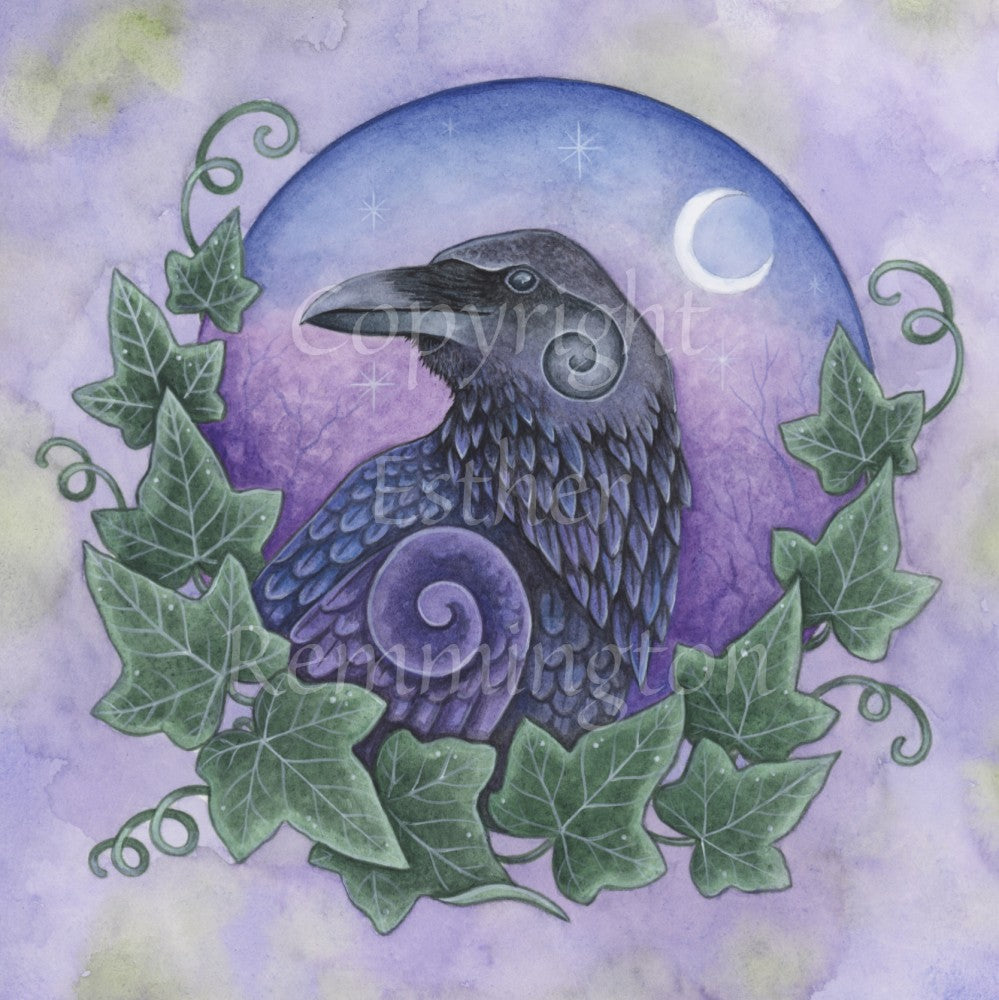 Illustration of the head and body of a raven, enclosed in a circle with ivy leaves around the bottom two thirds, and a night sky with crescent moon and stars in the background. The bird is facing to the right, with its head turned to the left. Swirls appear in the feathers on its neck and the top of the wing. The overall background is a mottled purple. 