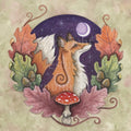 Illustration of the head and body of a sitting red fox facing to the right with its tail raised behind it. It is enclosed in a circle with red, green and brown oak leaves and acorns around the bottom two thirds, and a purple night sky with crescent moon and stars in the background. A red and white spotted toadstool sits at the bottom of the circle.The overall background is a mottled pink and pale green.