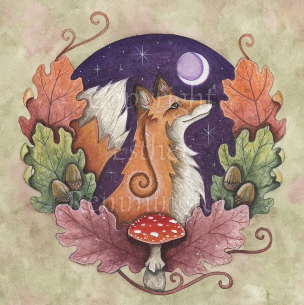Illustration of the head and body of a sitting red fox facing to the right with its tail raised behind it. It is enclosed in a circle with red, green and brown oak leaves and acorns around the bottom two thirds, and a purple night sky with crescent moon and stars in the background. A red and white spotted toadstool sits at the bottom of the circle.The overall background is a mottled pink and pale green.