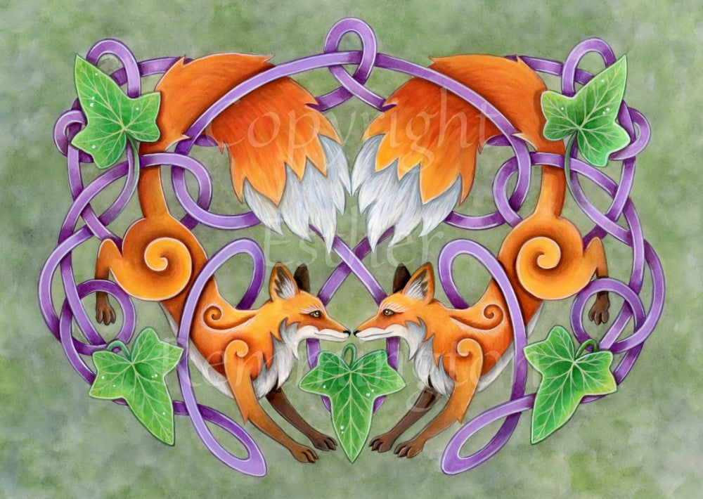 A symmetrical design. Two red foxes leap down towards one another, their noses touching where they meet. Their oversized tails arch over their heads and backs, and meet in the middle. A Celtic-style purple swirly design with green ivy leaves at the four corners, and beneath their noses, wraps around them. The background is a mottled green.