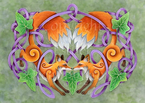 A symmetrical design. Two red foxes leap down towards one another, their noses touching where they meet. Their oversized tails arch over their heads and backs, and meet in the middle. A Celtic-style purple swirly design with green ivy leaves at the four corners, and beneath their noses, wraps around them. The background is a mottled green.