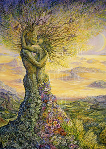 A man and woman embrace in a kiss. They appear to be an extension of a landscape of fields and golden misty mountains. Their bodies form above a wealth of flowers and leaves in place of legs; ivy for the man, flowers for the woman. Branches appear to flow out from their heads, golden in the sunshine. Birds perch in the branches.