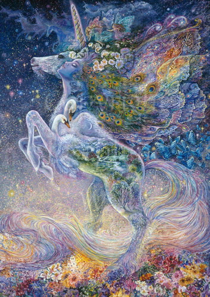 A rearing unicorn appears merged with a woman. Peacock feathers and flowers flow out from their mane and hair to form rainbow wings. Fairies dance above them. Swans appear within the neck, which becomes a woodland and river at the body. A long flowing tail winds toward a sea of flowers underfoot.