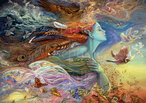 A woman, eyes closed, faces the wind as she flies across the sky. Only her head and shoulders can be seen. Her flowing hair is formed from the feathers of eagles, peacocks and other birds, and an eagle is formed over the top, with a sea and wheeling sea birds behind. Her dress streams out behind her, butterflies and dragonflies can be seen within. Birds fly in front of her. Autumnal leaves float beneath.