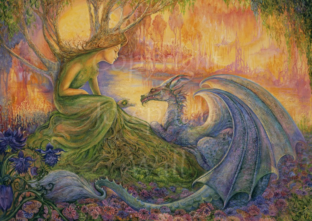 A dryad wearing a green dress which appears to form from roots in the ground, and with branches growing out from her back and head, crouches down next to a blue dragon. The dragon sits on the ground, wings back and tail curving towards blue flowers. The dryad is offering something in her hand to the dragon. A golden river and trees fill the background.