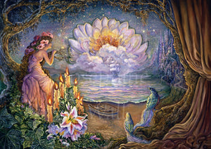 A woman wearing a long gown and with very long hair decorated with large flowers, sits and leans against the branch of a tree looking out to sea where a tall sailing ship can be seen approaching. A small boat rests on the shore. Behind the ship, a large many-petalled white flower appears from behind a distant cloud. To the right a fantasy city rises from the rock. Two colourful birds with long tails watch the ship approach.
