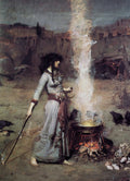 A woman walks barefoot around a metal firepit with a fire burning brightly underneath. She holds a sickle-shaped tool in the hand nearest the fire, and a long black pole, pointing outwards and touching the ground, in the other. The stick is creating a low burning circle of fire as she walks around the fire. The woman has long black hair and is wearing a long blue-grey dress. Ravens sit on the outside of the circle, and caves and rocks can be seen in the background. 
