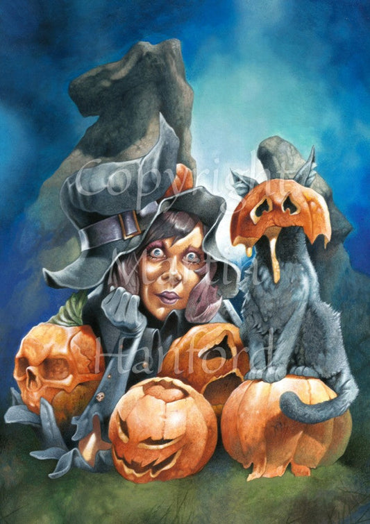 A wide-eyed woman sits up on her elbows, head resting on her hand, her black pointed hat sitting drooping and crooked on her head. She's surrounded by four pumpkins, carved with grotesque faces. A cat sits on one of the pumpkins, the top half of another pumpkin squashed over their head, ears protruding out of the top, and pumpkin juice oozing down their front.