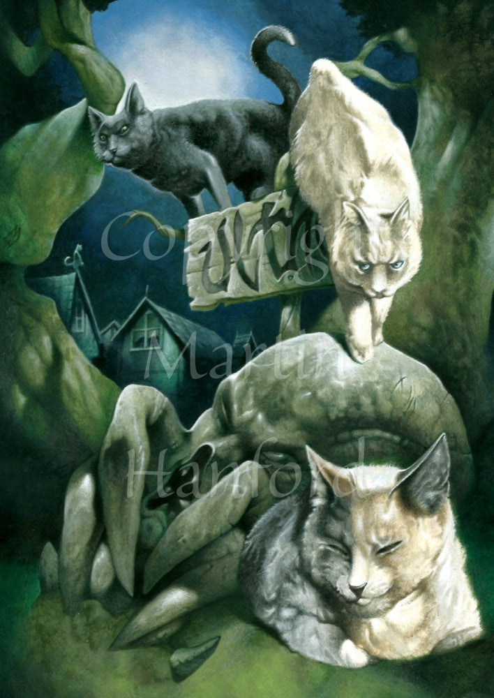 The design contains three cats: one grey and white sitting at the bottom, eyes closed, in 'loaf' formation (all feet curled under). He sits against a rock shaped like a grotesque head with four large mandibles. A white cat steps down onto the rock from a partially-obscured rustic sign which reads "Ulthar".  A black cat stands on top of the sign, looking at something off the design canvas. Tree trunks rise either side, and a large creepy house can be seen behind.