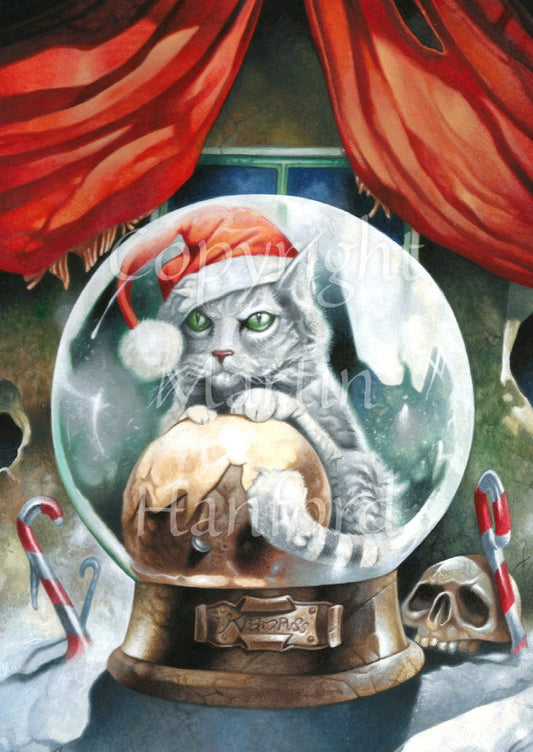 A pale silver tabby cat wearing a santa hat sits in a snow globe, front paws resting on a Christmas pudding. "Krampuss" is written on the globe stand beneath. Candy canes and a skull are pressed into snow around the base of the globe. Behind, red curtains are pulled to the sides to reveal part of a window.