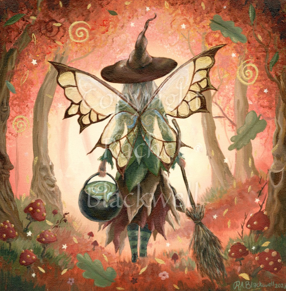 The rear view of a fairy walking in enchanted woodland. She has brown and white butterfly wings, and wears a pointed brown hat and green and brown dress. In her left hand she carries a cauldron, and in her right, a traditional broomstick. The woodland is cast in reds. Red and white toadstools grow on both sides, oak leaves tumble towards the ground, and faces can be seen in the trees.