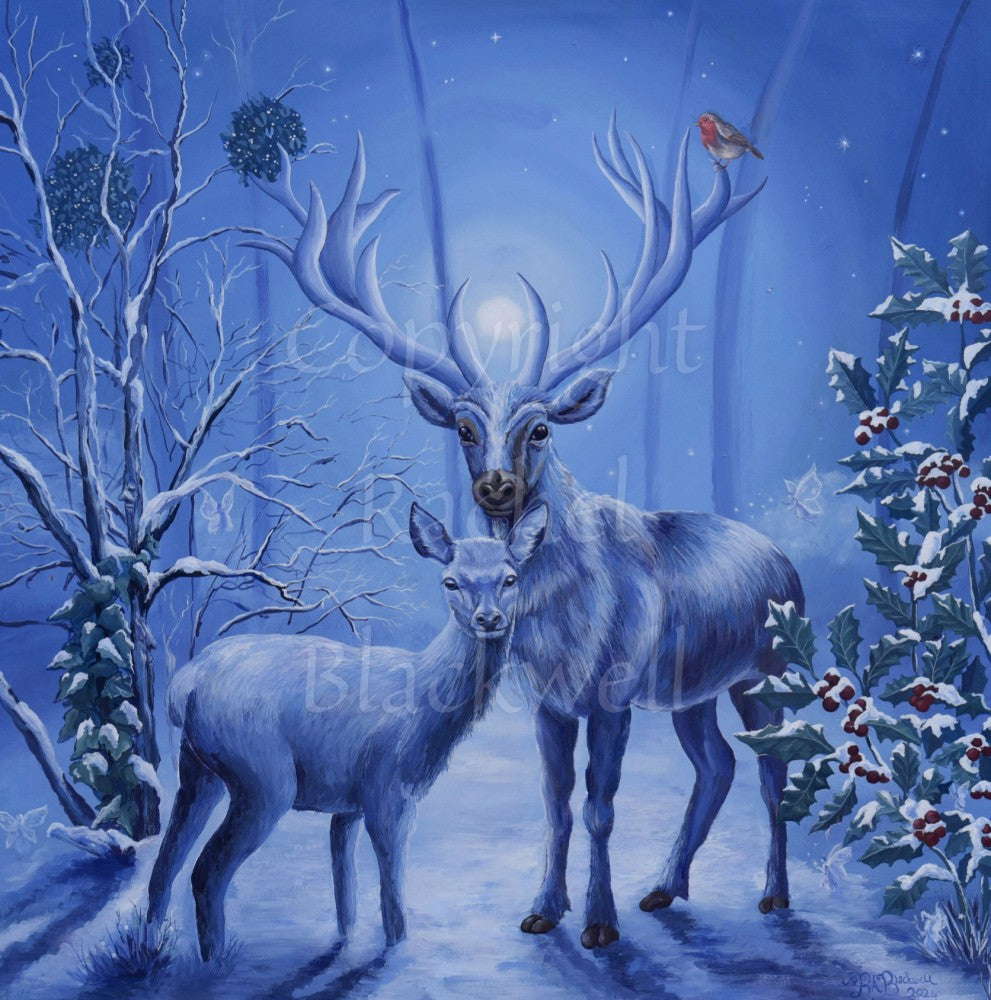 A stag and doe stand facing each other, heads turned towards the viewer. The design is cast in shades of blue. A robin perches on one of the stag's antlers. Snow lies underfoot, and on the branches of the berried holly tree to the right, and bare tree to the left. Pale fairies flit through the branches. Balls of mistletoe sit in the bare tree. A wintery moon rises from between the stag's antlers, and stars can be seen in the sky beyond. 