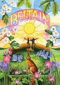 The top of the painting shows a mid blue sky, overlaid with hawthorn blossom and oak leaves. "Beltain" is written across the sky. In the middle, two silhouetted figures dance behind a small fire. There's hawthorn blossom to the left and right. At the centre of the bottom third, a brown hare site in the grass, surrounded by red campion and bluebells to the left and right.