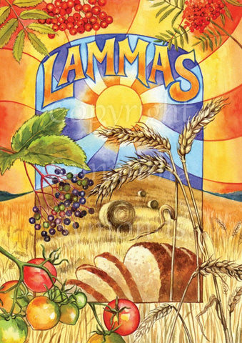 At the top of the painting are waves of orange and yellow, overlaid with leaves and red berries. "Lammas" is written across a deep blue sky, with a bright sun below. In the middle is a harvested field of wheat, and hay rolls. There are also ripening berries to the left and stems of wheat to the right. At the centre of the bottom third there's a sliced loaf of bread, with ripening tomatoes to the left and more wheat to the right.