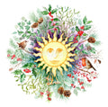A mandala-style painting dominated by a yellow sun in the centre. The sun has eyes, nose and mouth, and is surrounded by winter leaves and fruits including fir cones, berried ivy and holly, yew and mistletoe. On the left, a wren sits on a bare branch. On the right, a robin sits on a berried branch, one berry in its beak. Colours are greens, browns and reds on a white background.